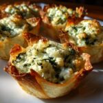 Close-up of baked Cream Cheese Spinach Wonton Cups with crispy edges on a white plate.
