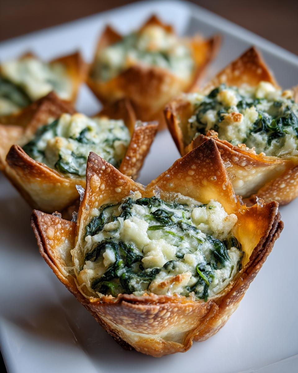 Close-up of baked Cream Cheese Spinach Wonton Cups with crispy edges and creamy filling.