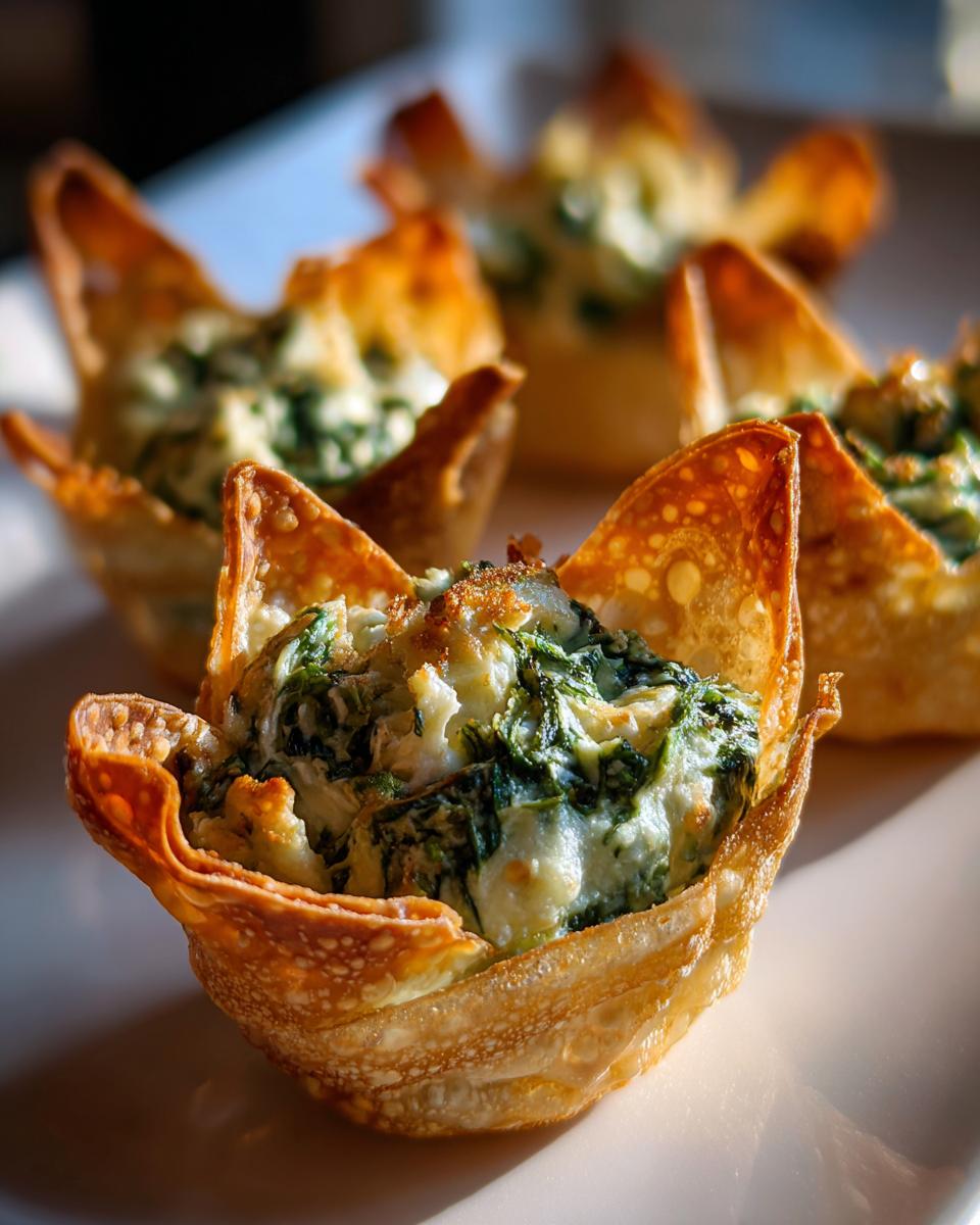 Close-up of baked Cream Cheese Spinach Wonton Cups with crispy edges on a white plate.