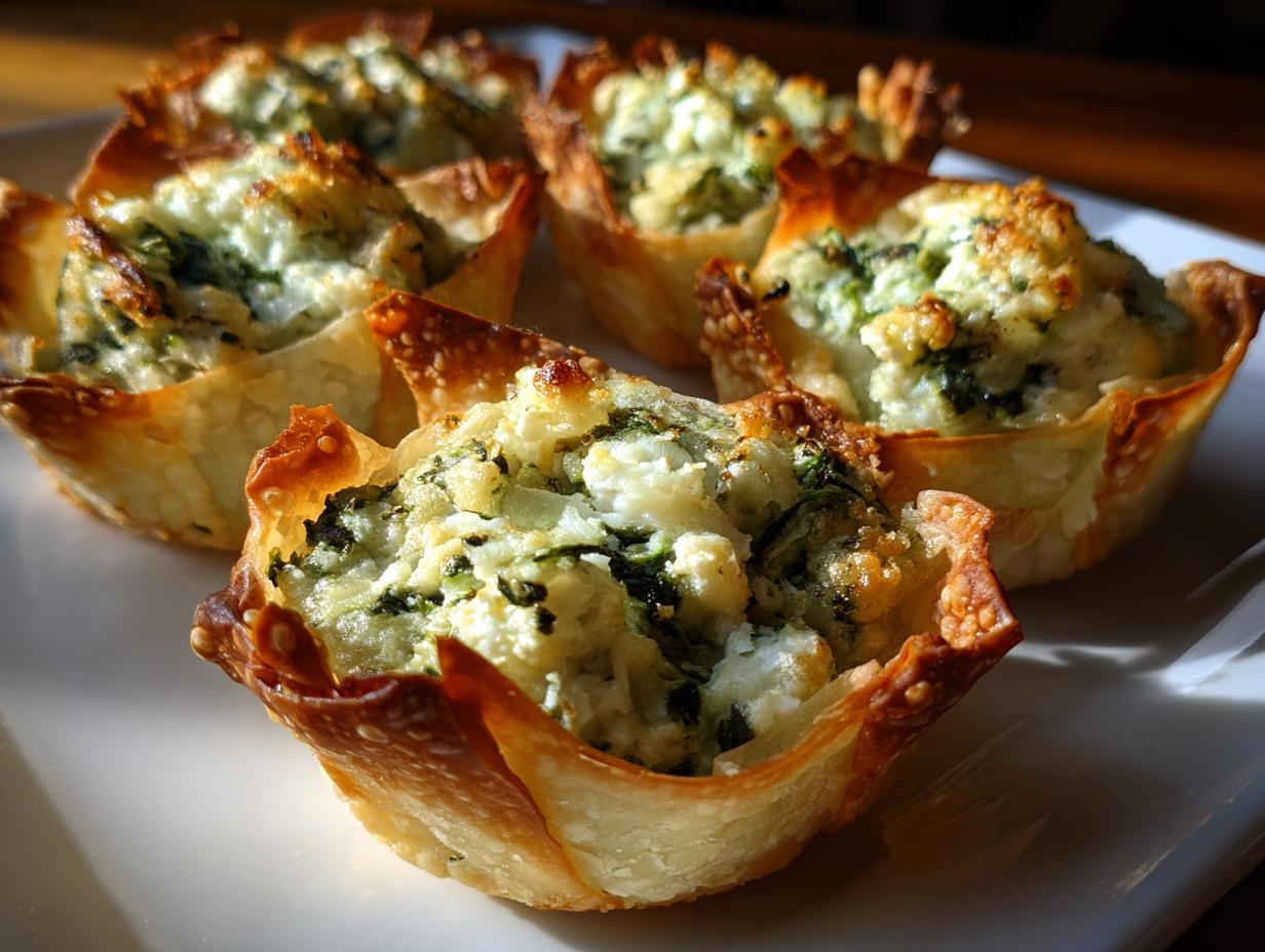 Close-up of baked Cream Cheese Spinach Wonton Cups with crispy edges on a white plate.