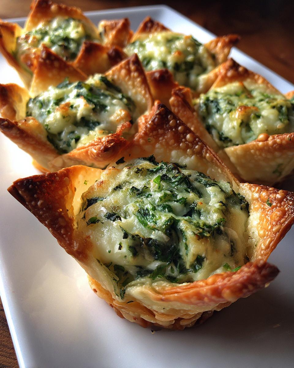 Close-up of baked Cream Cheese Spinach Wonton Cups with crispy edges and melted cheese filling.