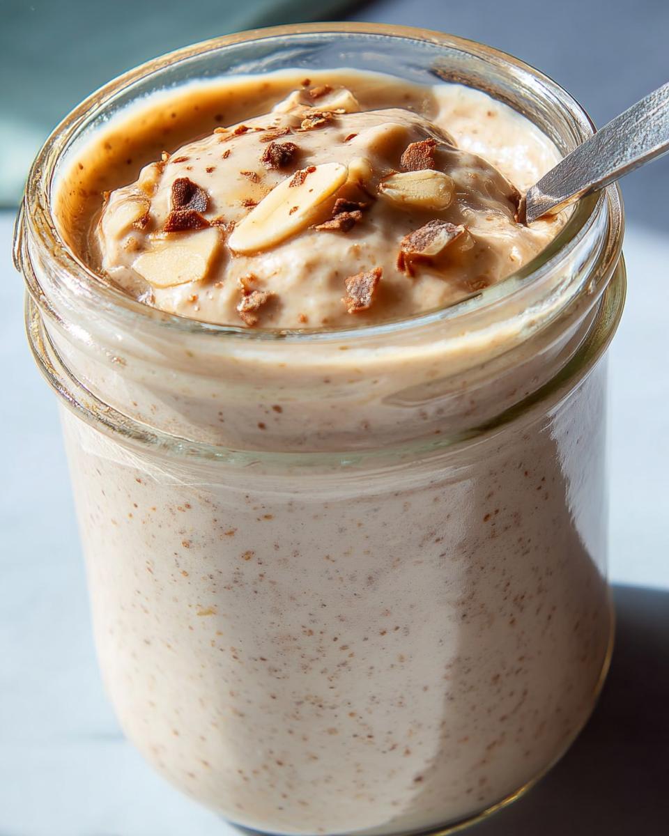 Close-up of creamy blended vanilla overnight oats topped with sliced almonds and chocolate shavings.