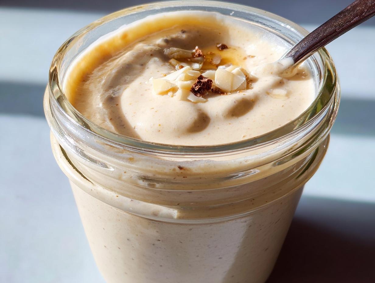 Close-up of creamy blended vanilla overnight oats topped with nuts and drizzled honey in a glass jar.