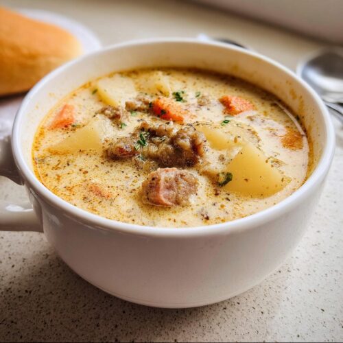 Close-up of a thick, rich bowl of Creamy Sausage Potato Soup with chunks of sausage, potatoes, and carrots.