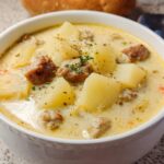 Close-up of a white bowl filled with rich Creamy Sausage Potato Soup, featuring chunks of potato and sausage.