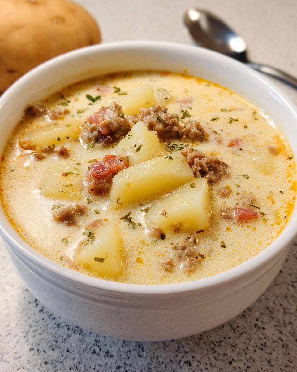 A close-up of a white bowl filled with rich, creamy sausage potato soup, featuring large chunks of potato and ground sausage.
