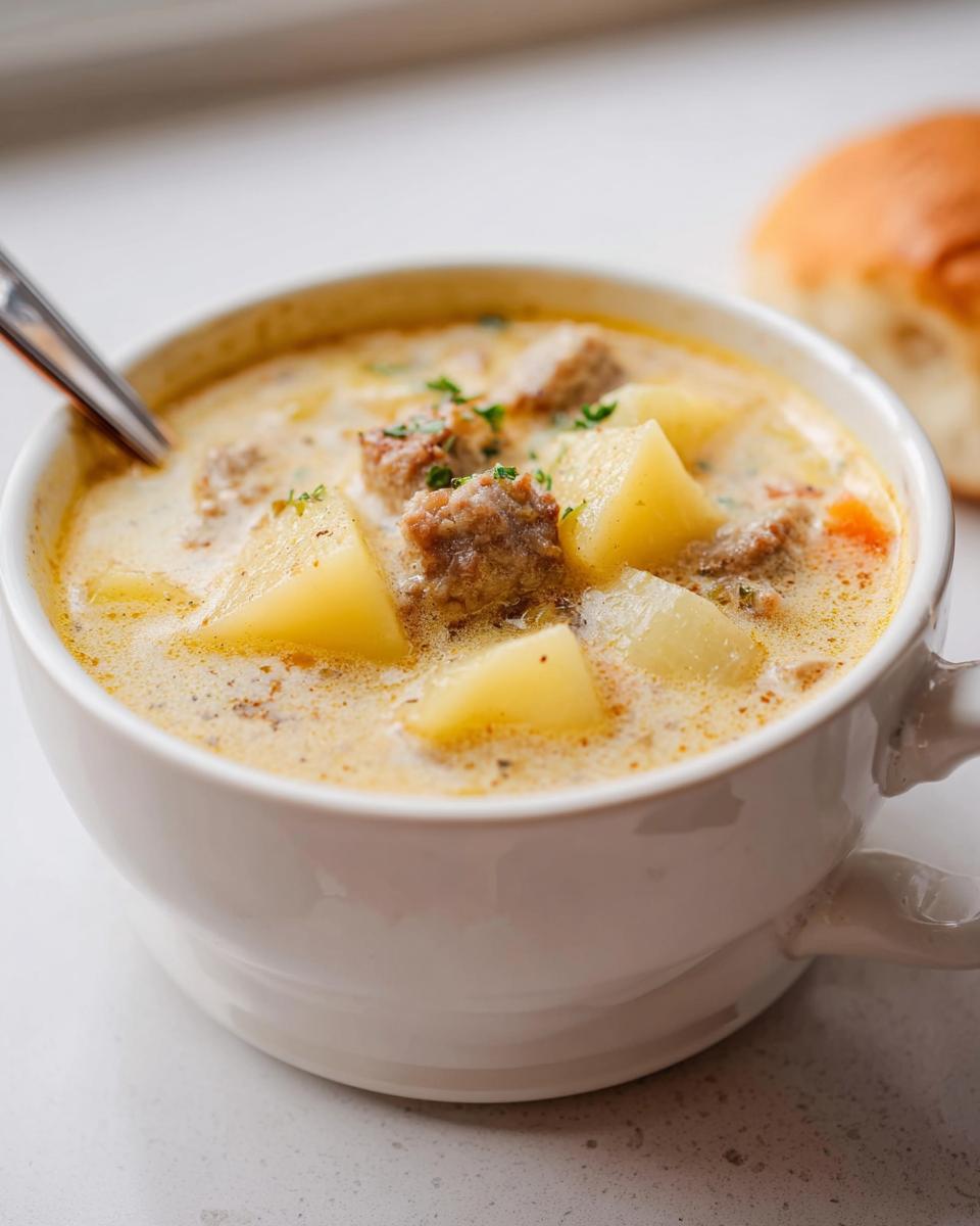 Close-up of a white bowl filled with rich Creamy Sausage Potato Soup, featuring chunks of potato and sausage.