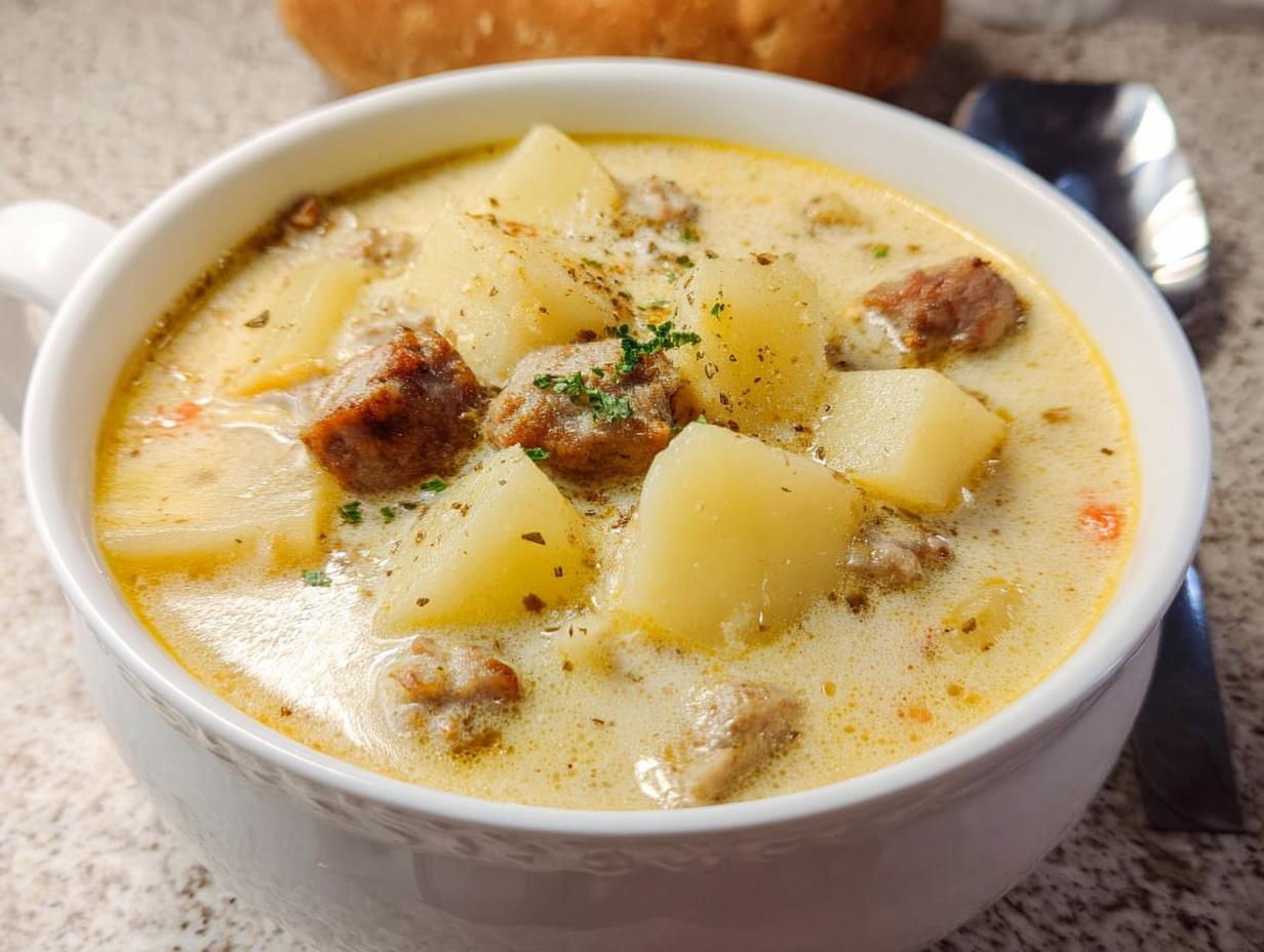 Close-up of a white bowl filled with rich Creamy Sausage Potato Soup, featuring chunks of potato and sausage.