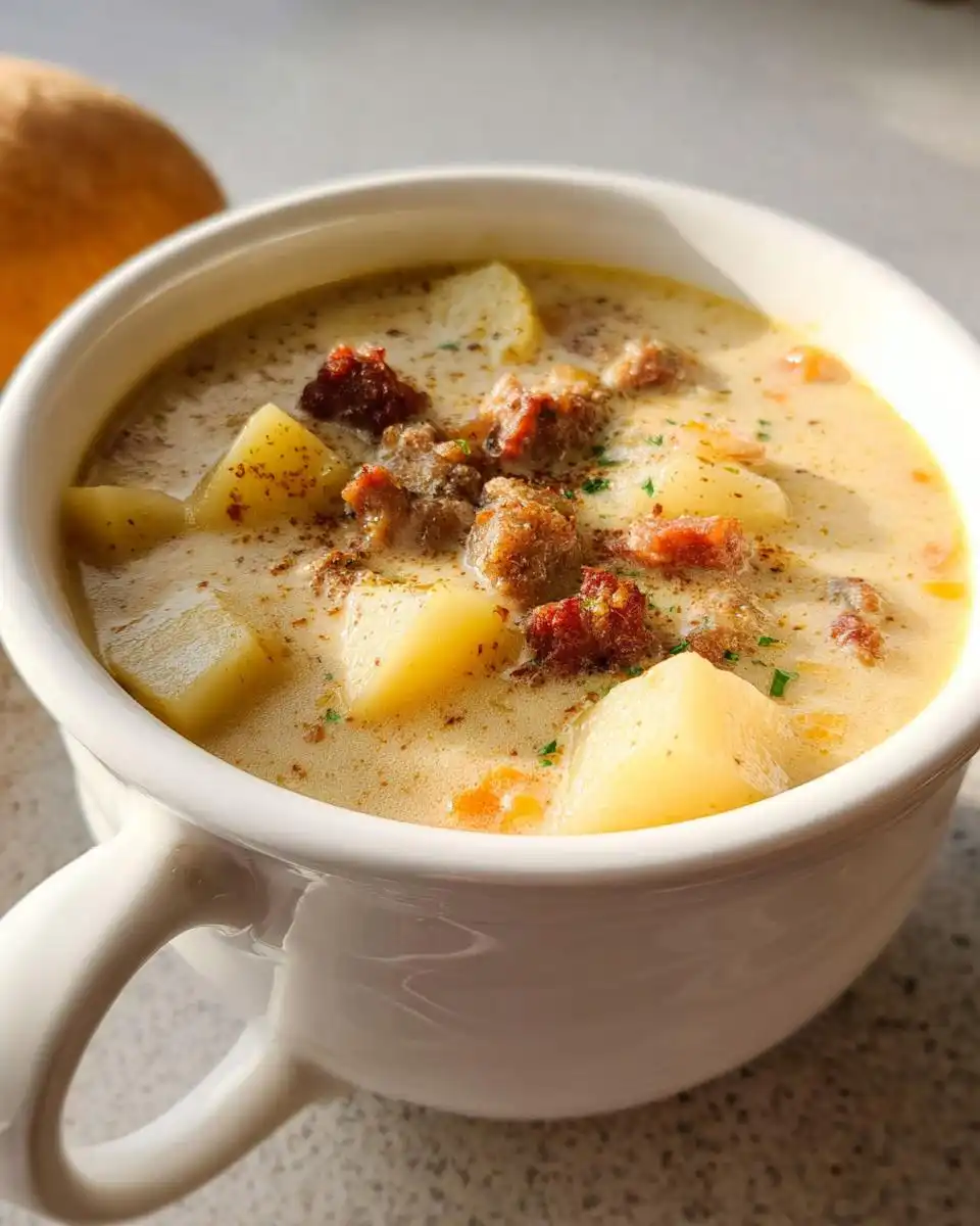 Close-up of a white mug filled with rich Creamy Sausage Potato Soup featuring chunks of potato and sausage.
