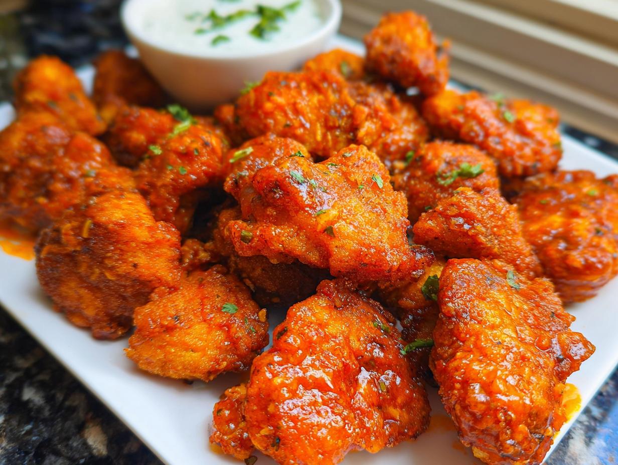 Close-up of bright orange, glazed Crispy Dragon Chicken in Air Fryer pieces piled on a white plate with a dipping sauce in the background.