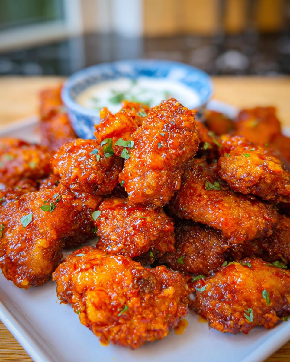 Close-up of glossy, orange-red Crispy Dragon Chicken in Air Fryer pieces piled on a white plate with a dipping sauce in the background.