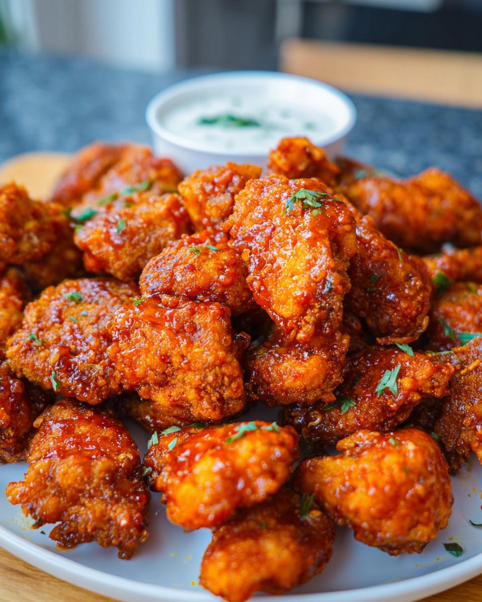 A close-up of a pile of glossy, saucy Crispy Dragon Chicken in Air Fryer pieces garnished with parsley, with a dipping sauce in the background.