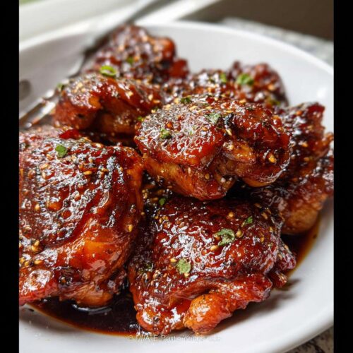 Close-up of tender Crockpot Asian Chicken Thighs coated in a thick, glossy, dark glaze and sprinkled with sesame seeds.