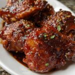 Close-up of tender Crockpot Asian Chicken Thighs covered in a thick, glossy, dark brown sauce and sprinkled with sesame seeds.