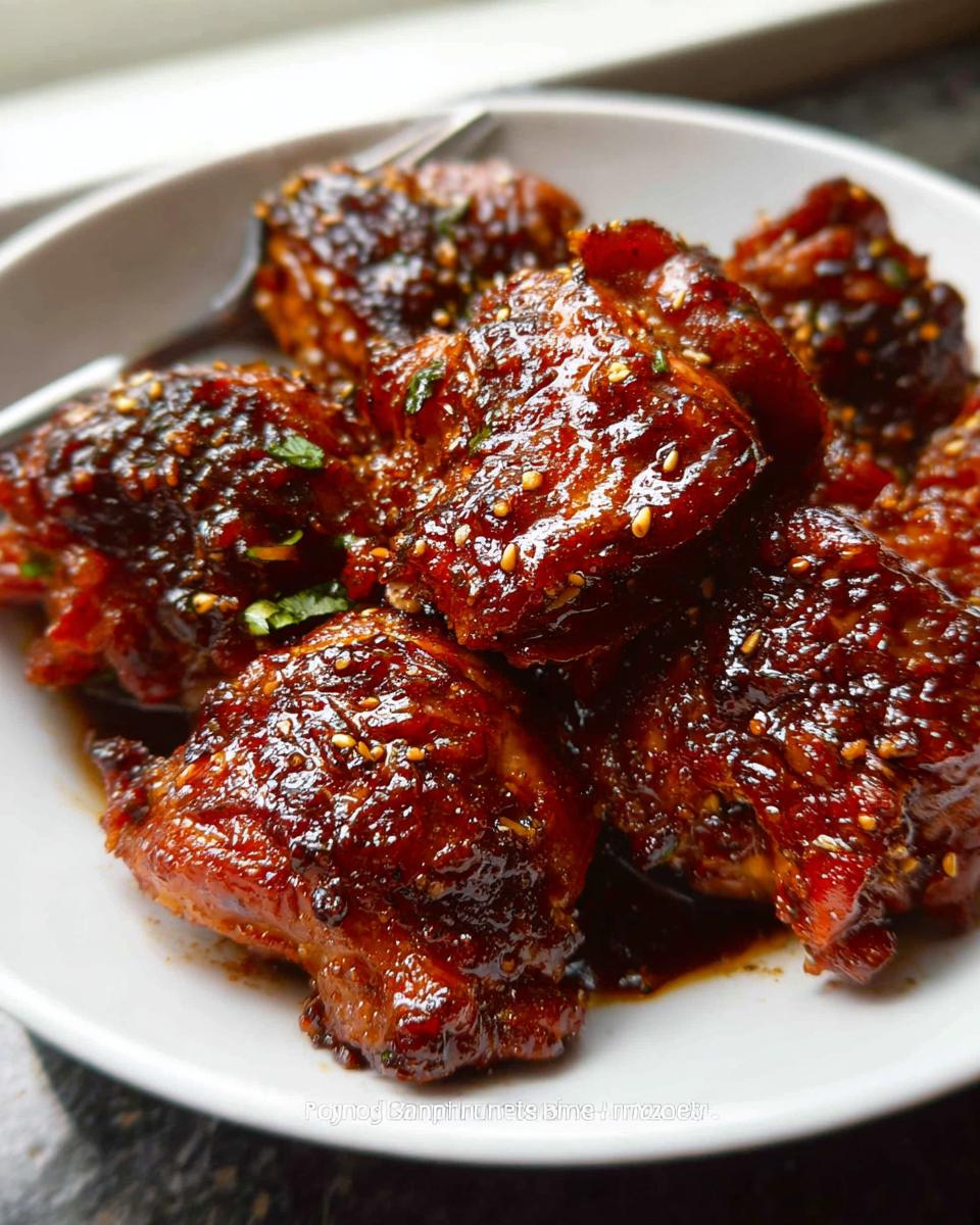 Close-up of tender Crockpot Asian Chicken Thighs coated in a dark, glossy sauce and sprinkled with sesame seeds.