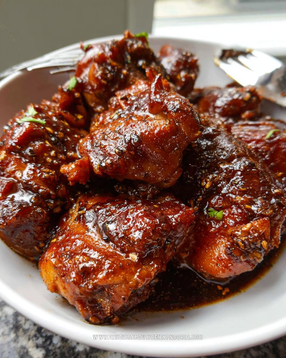 Close-up of tender Crockpot Asian Chicken Thighs coated in a thick, dark, glossy sauce with sesame seeds.