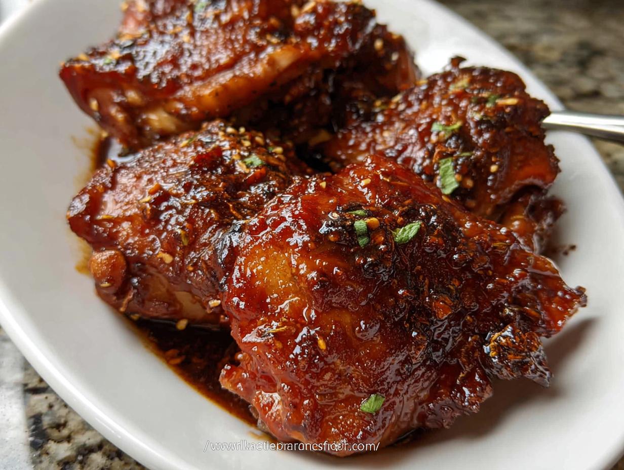 Close-up of tender Crockpot Asian Chicken Thighs covered in a thick, glossy, dark brown sauce and sprinkled with sesame seeds.