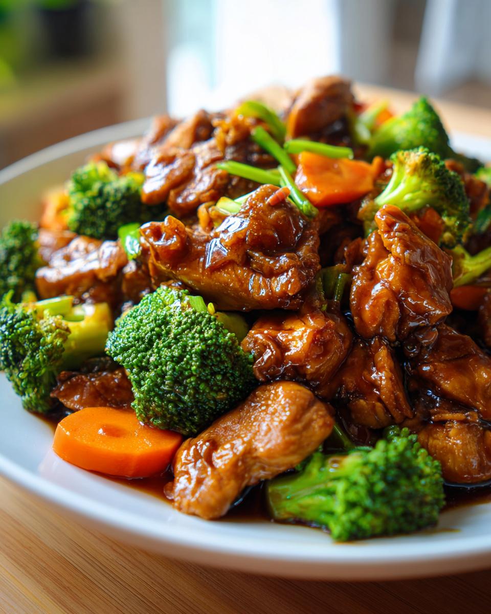 Close-up of tender chicken pieces coated in shiny teriyaki sauce mixed with bright green broccoli florets and sliced carrots: Crockpot Teriyaki Chicken & Veggies.