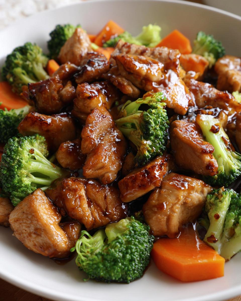 Close-up of tender chicken pieces coated in glossy teriyaki sauce mixed with bright green broccoli florets and orange carrots, ready to eat.