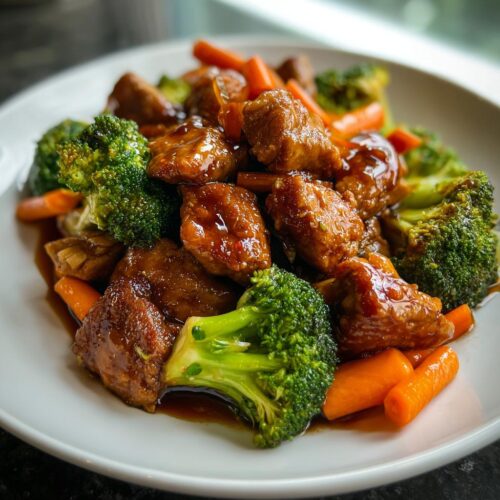 Close-up of tender Crockpot Teriyaki Chicken & Veggies with bright green broccoli and carrots.
