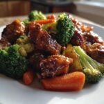 Close-up of tender Crockpot Teriyaki Chicken & Veggies served with bright green broccoli and carrots on a white plate.