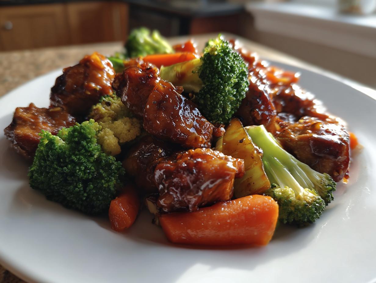 Close-up of tender Crockpot Teriyaki Chicken & Veggies served with bright green broccoli and carrots on a white plate.
