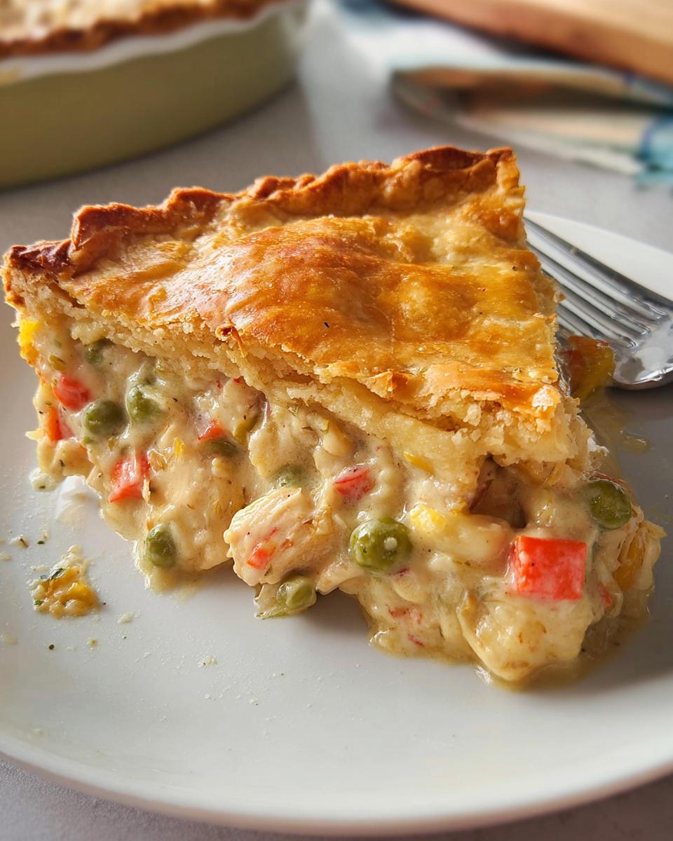 A close-up slice of Dairy-Free Chicken Pot Pie showing creamy filling with chicken and vegetables under a golden, flaky crust.