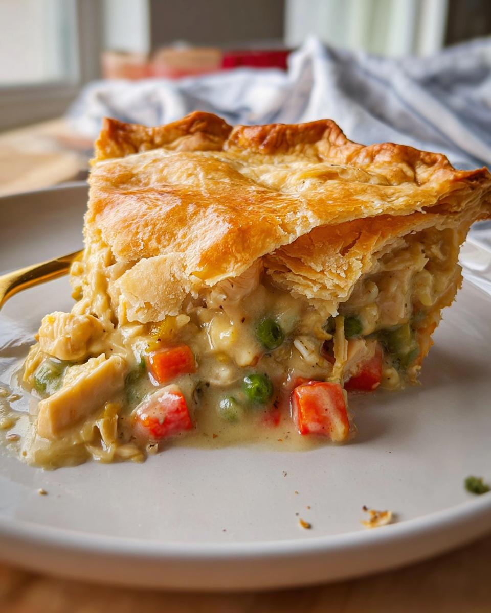 A close-up of a slice of Dairy-Free Chicken Pot Pie showing creamy filling, chicken, peas, and carrots under a golden, flaky crust.