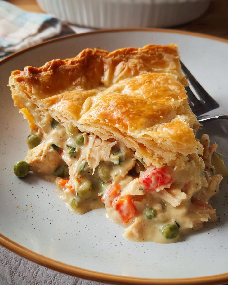 A close-up of a generous slice of Dairy-Free Chicken Pot Pie showing creamy filling, chicken, peas, and carrots under a golden, flaky crust.