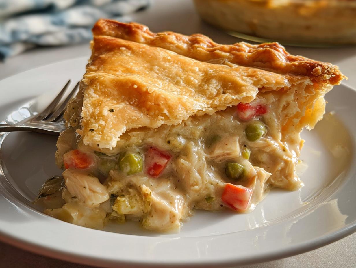 A close-up of a slice of Dairy-Free Chicken Pot Pie showing creamy filling, chicken, peas, and carrots under a golden, flaky crust.