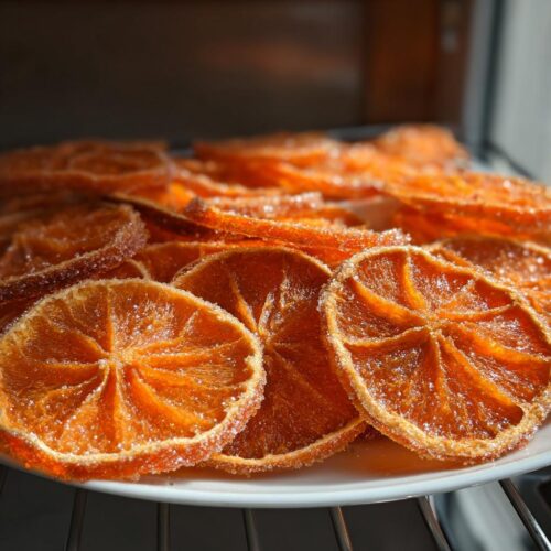 Close-up of glistening, sugar-coated Dehydrated Candied Orange Slices piled on a white plate.
