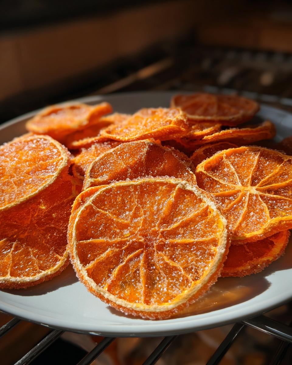 Close-up of bright orange, sugar-coated Dehydrated Candied Orange Slices piled on a light gray plate.