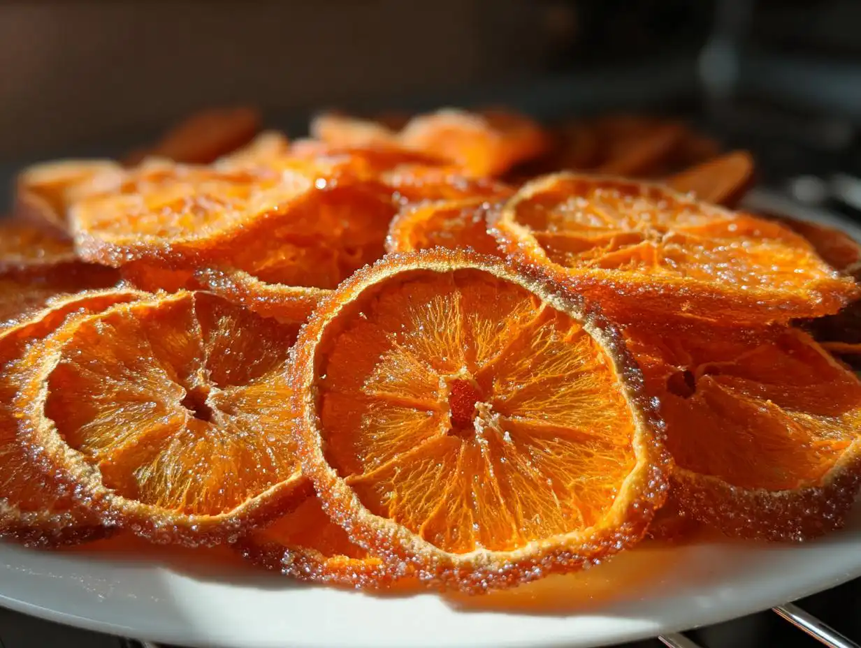 Close-up of bright orange, sugar-coated Dehydrated Candied Orange Slices piled on a white plate.