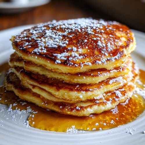 A tall stack of golden brown pancakes drizzled with syrup and dusted with powdered sugar, a perfect Pancake Recipe That Feels Like Dessert.