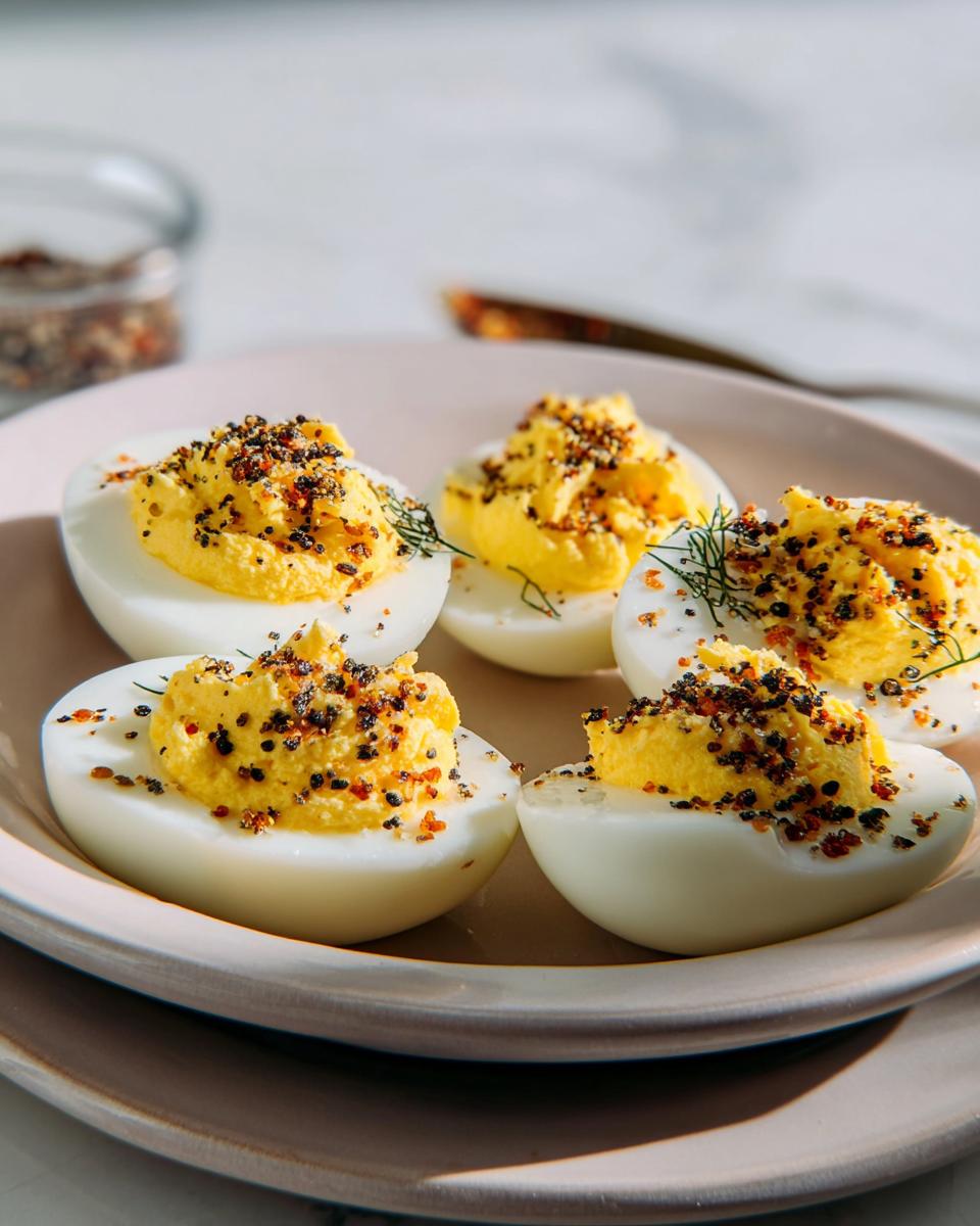 Four halves of deviled eggs topped generously with Everything Bagel Seasoning, ready to eat.