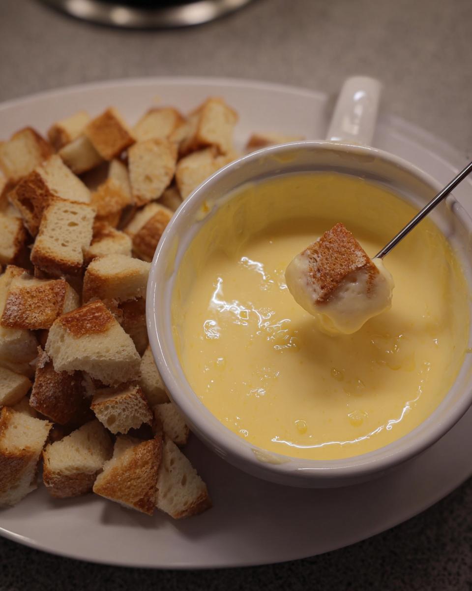 A piece of toasted bread is dipped into a white bowl of creamy Garlic Cheese Fondue using a fondue fork.