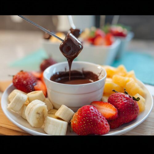 A piece of fruit is being dipped into melted chocolate fondue for fruit using a long fork.