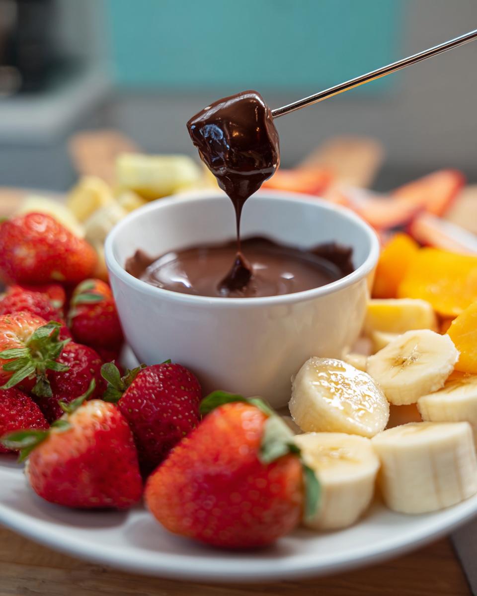 A piece of fruit being dipped into melted chocolate in a white bowl as part of a Chocolate Fondue for Fruit platter.
