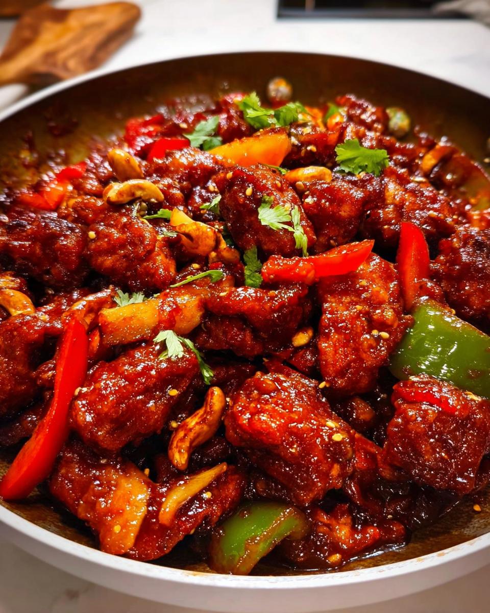 Close-up of glossy, deep red Dragon Chicken with Szechuan Sauce, mixed with peppers and cashews.