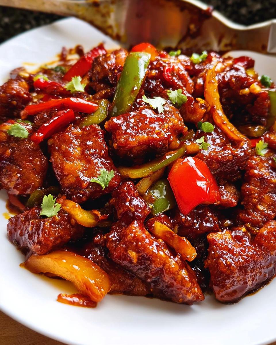 Close-up of glossy, saucy Dragon Chicken with Szechuan Sauce mixed with red and green bell peppers.