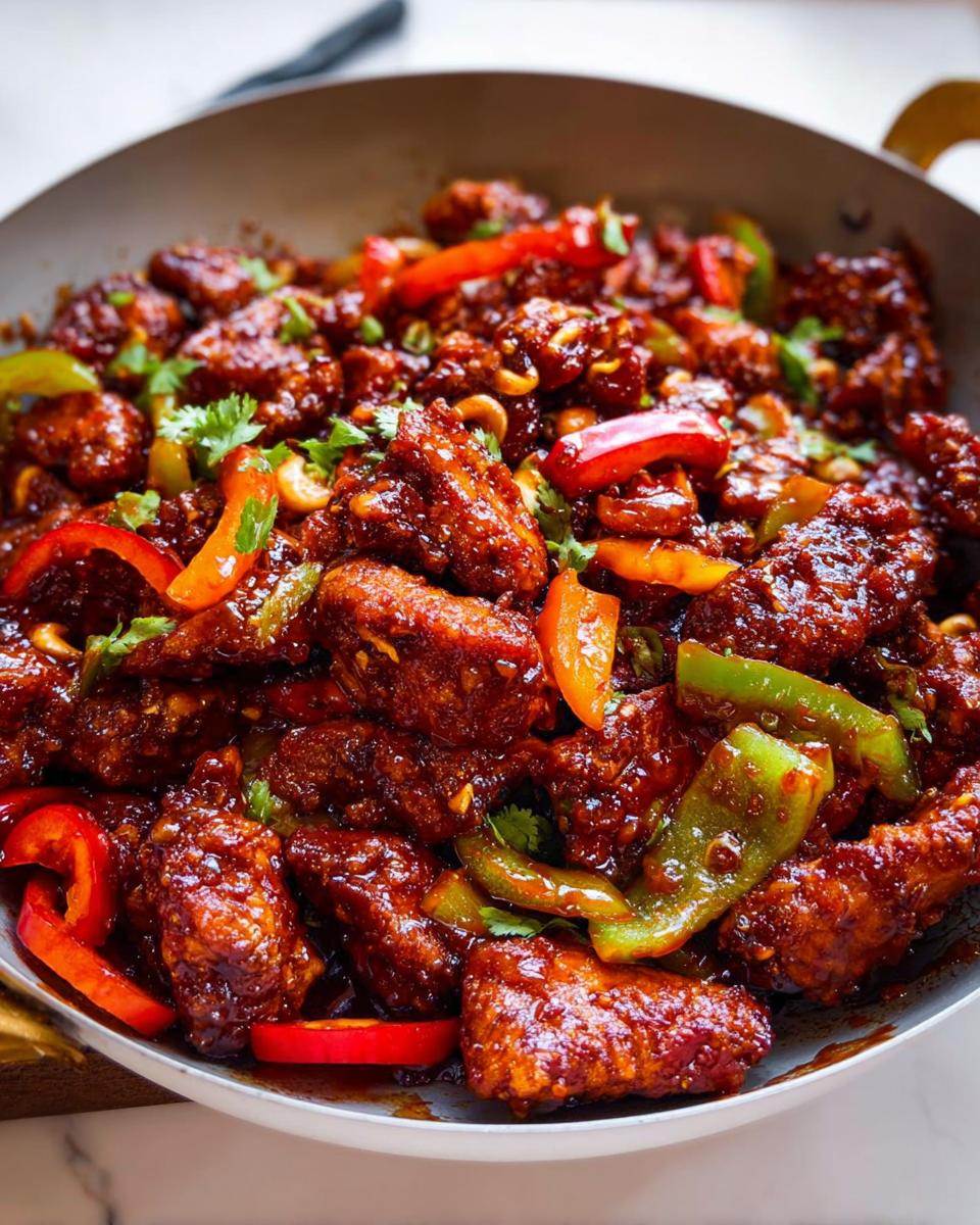 Close-up of Dragon Chicken with Szechuan Sauce, coated in rich, dark sauce with bell peppers and cashews.