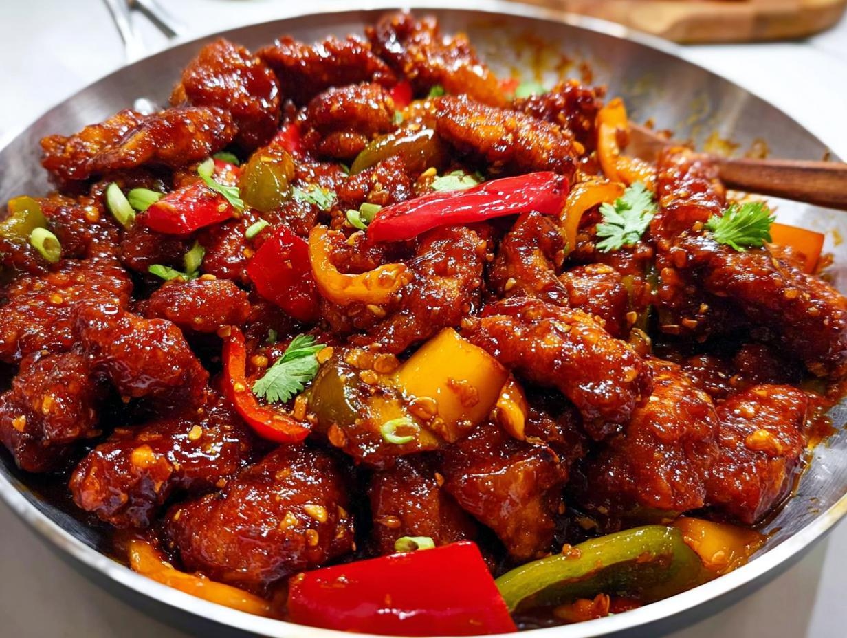 Close-up of glossy, saucy Dragon Chicken with Szechuan Sauce, mixed with colorful bell peppers.