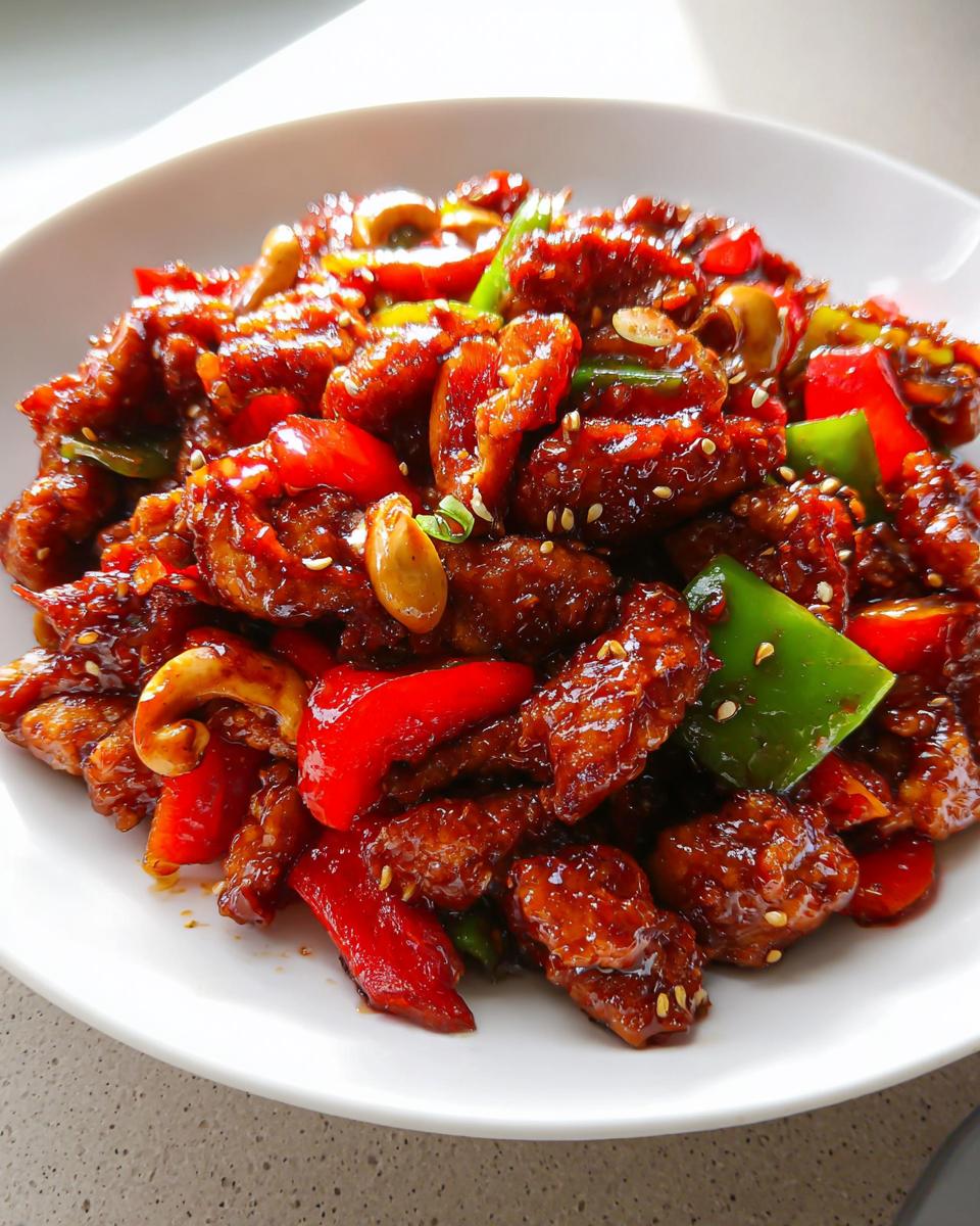 Close-up of glossy Dragon Chicken with Bell Peppers, cashews, and sesame seeds served on a white plate.