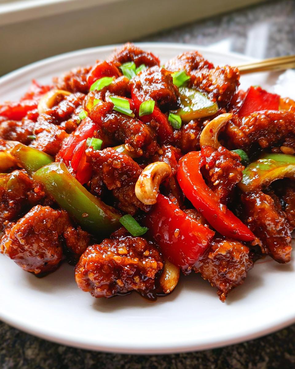 A close-up of glossy, saucy Dragon Chicken with Bell Peppers, garnished with green onions and cashews on a white plate.