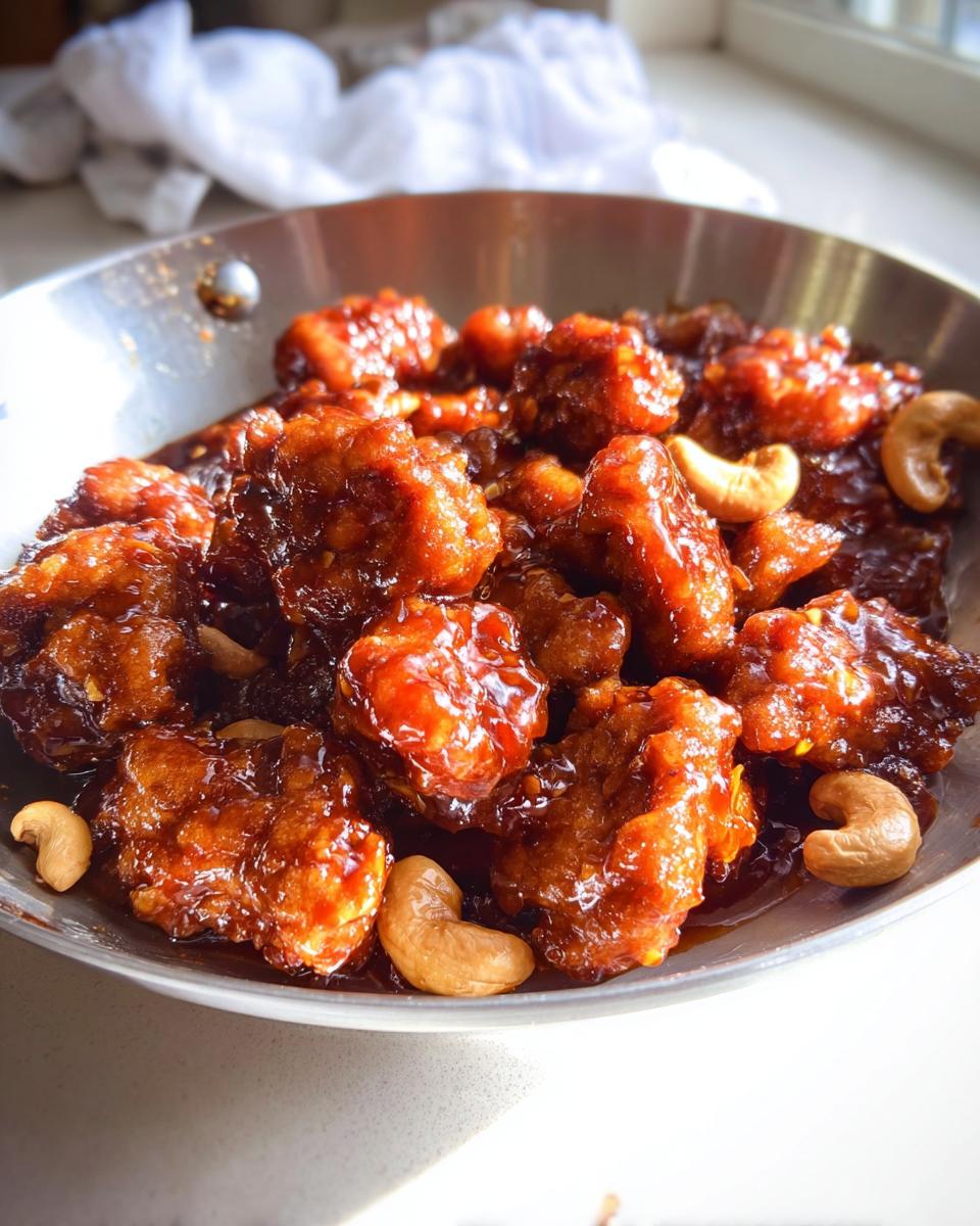 Close-up of glossy, saucy Dragon Chicken with Cashews served in a metal bowl.