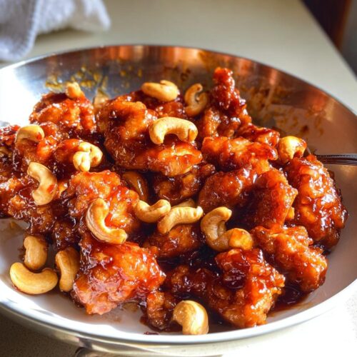 Close-up of crispy Dragon Chicken with Cashews coated in a thick, glossy, dark sauce.