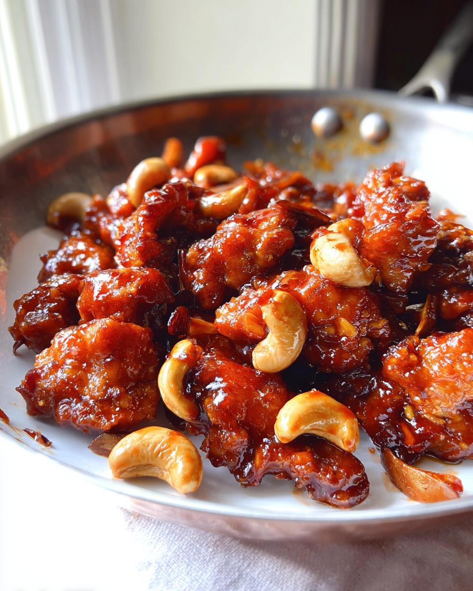 Close-up of glossy, dark red Dragon Chicken with Cashews served in a white bowl or pan.