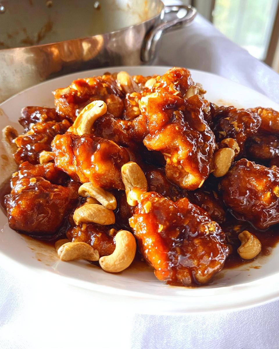 A close-up of crispy Dragon Chicken with Cashews coated in a glossy, dark brown sauce, served on a white plate.