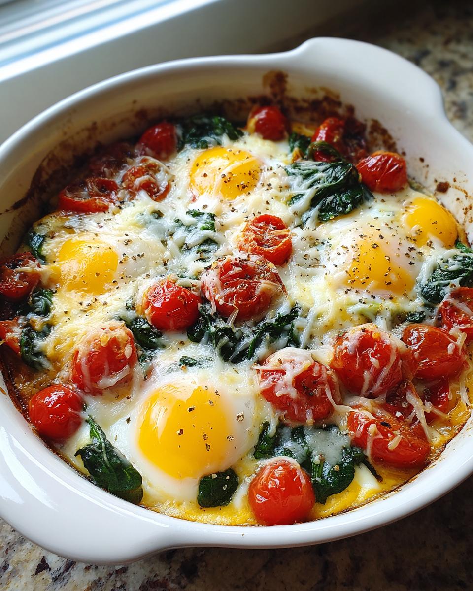 A close-up of an Easy Baked Breakfast Bowl featuring baked eggs, roasted cherry tomatoes, spinach, and melted cheese.