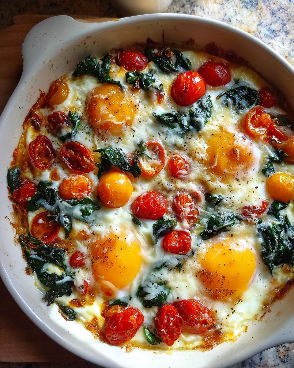 Close-up of an Easy Baked Breakfast Bowl with baked eggs, roasted cherry tomatoes, and spinach in a white dish.